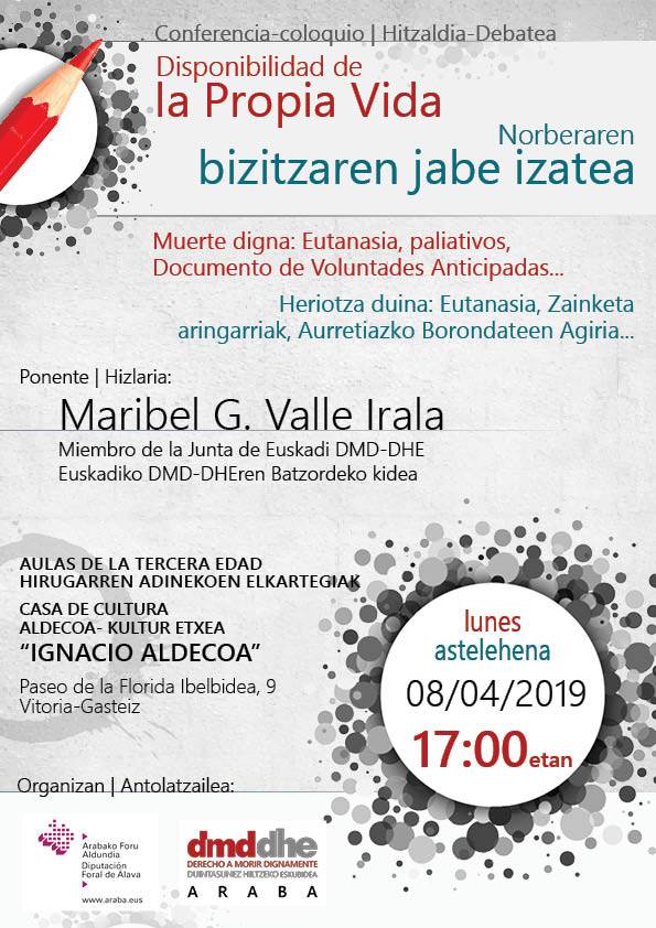 Cartel del acto sobre la disponibilidad de la propia vida en Vitoria-Gasteiz en abril de 2019