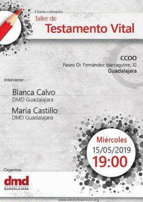 Cartel taller de testamento vital de Guadalajara el 15 de mayo de 2019