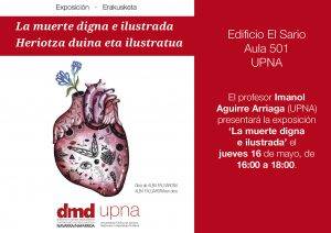 Cartel presentación exposición Muerte digna ilustrada en Pamplona el 16 de mayo
