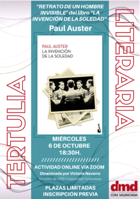 Cartel de la tertulia literaria de DMD Valencia el 6 de octubre de 2021